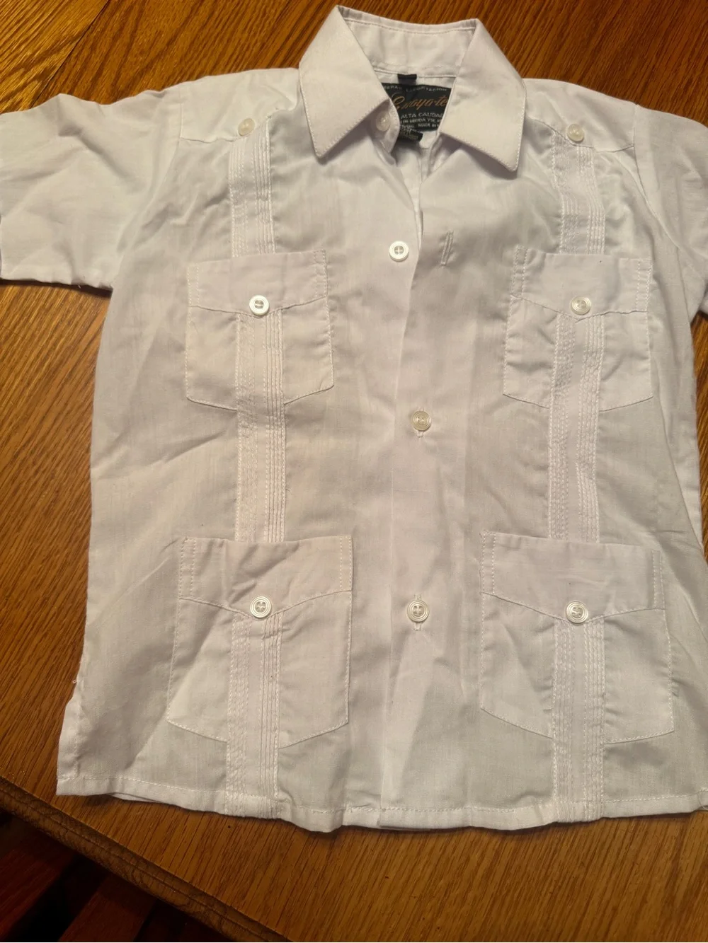 Guayabera Traditional White Short Sleeve Button-Up Collared Pocket Cotton Blend